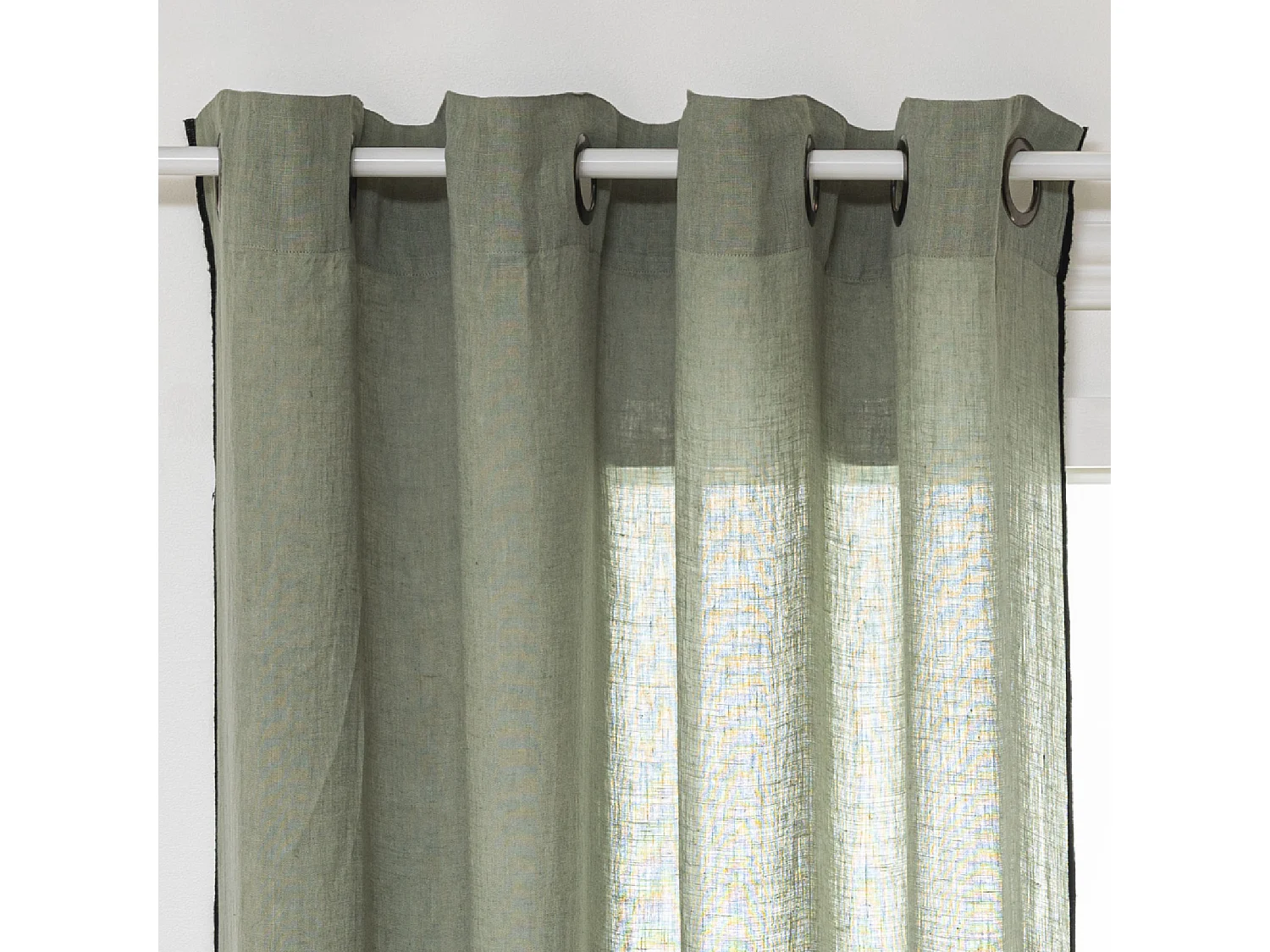 Rideau à œillets en Lin Vert Kaki avec surpiqûre noire 130 x 260 cm