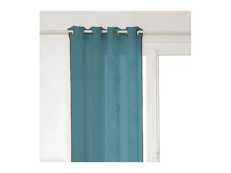 Rideau à œillets en Lin  Bleu Canard avec surpiqûre noire 130 x 260 cm