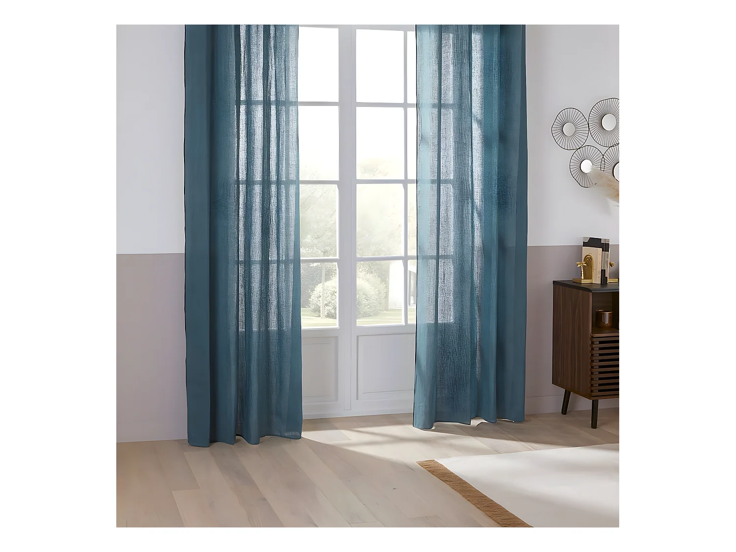 Rideau à œillets en Lin  Bleu Canard avec surpiqûre noire 130 x 260 cm