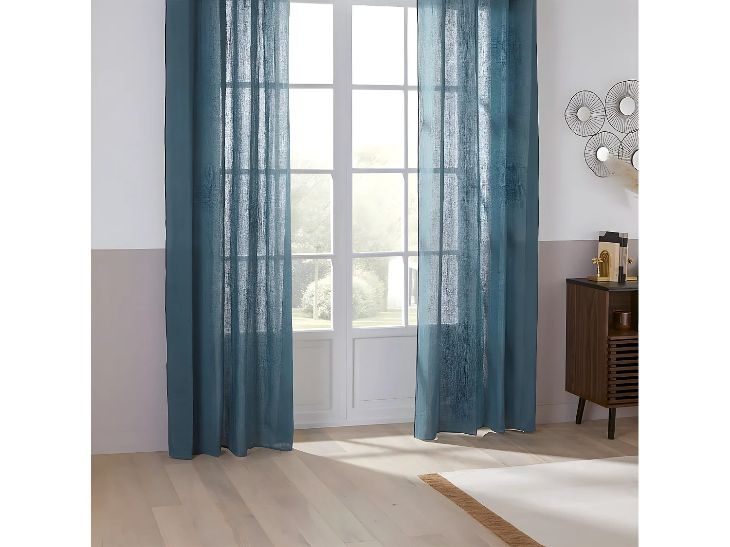 Rideau à œillets en Lin  Bleu Canard avec surpiqûre noire 130 x 260 cm