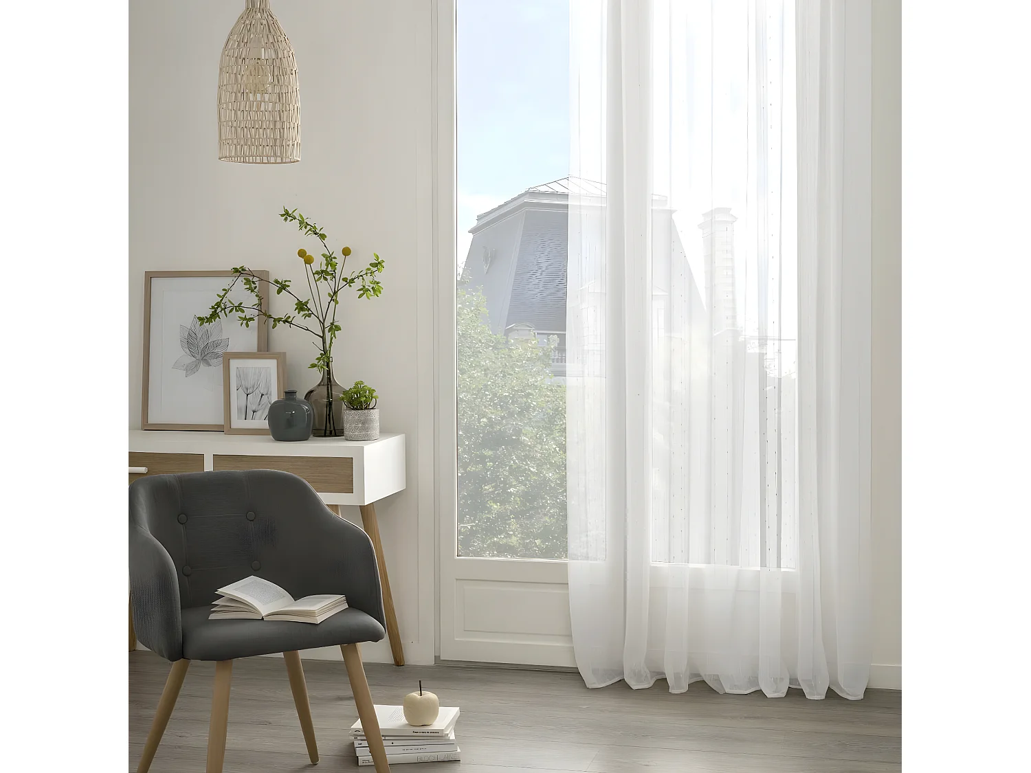 Voilage à œillets Blanc avec fines rayures en relief 140 x 260 cm