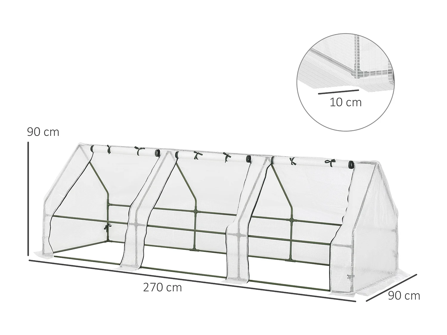 Mini serre de jardin serre à tomates 270L x 90l x 90H cm acier PE haute densité 140 g/m² anti-UV 3 fenêtres avec zip enroulables blanc
