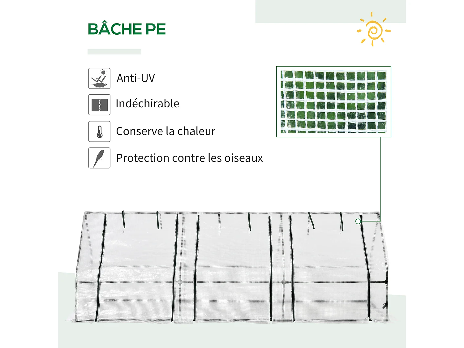 Mini serre de jardin serre à tomates 270L x 90l x 90H cm acier PE haute densité 140 g/m² anti-UV 3 fenêtres avec zip enroulables blanc