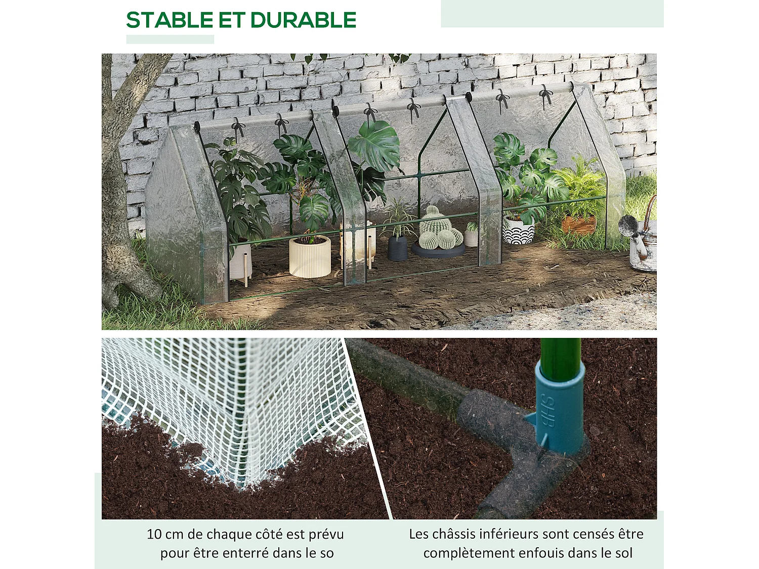Mini serre de jardin serre à tomates 270L x 90l x 90H cm acier PE haute densité 140 g/m² anti-UV 3 fenêtres avec zip enroulables blanc