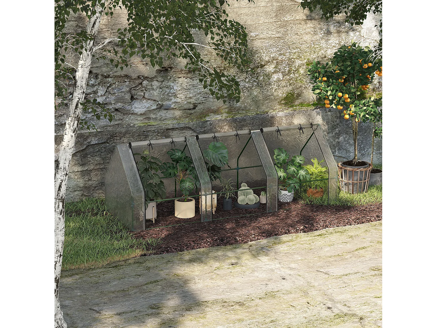 Mini serre de jardin serre à tomates 270L x 90l x 90H cm acier PE haute densité 140 g/m² anti-UV 3 fenêtres avec zip enroulables blanc