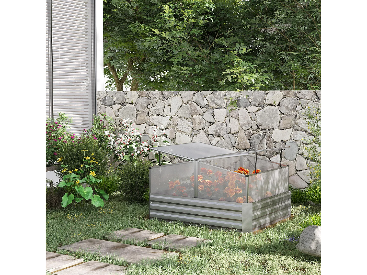 Mini serre de jardin carré potager 2 lucarnes dim. 126L x 107l x 67H cm alliage alu. acier galvanisé ondulé polycarbonate