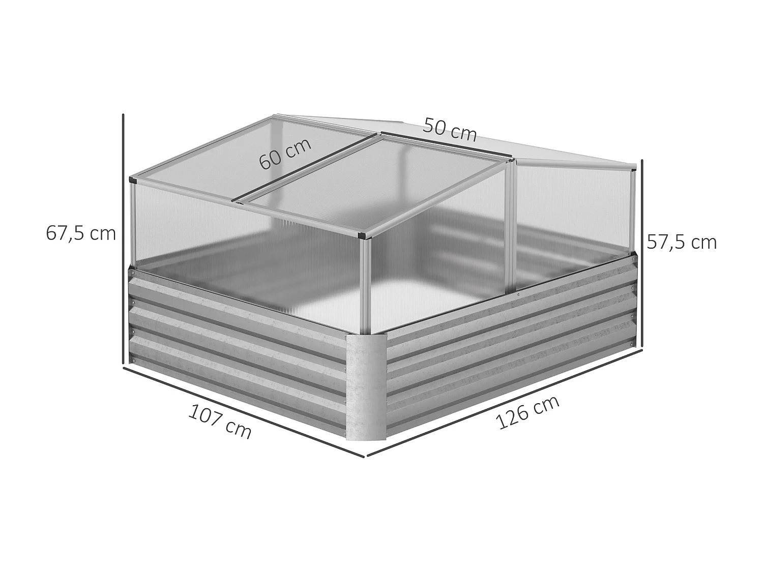 Mini serre de jardin carré potager 2 lucarnes dim. 126L x 107l x 67H cm alliage alu. acier galvanisé ondulé polycarbonate