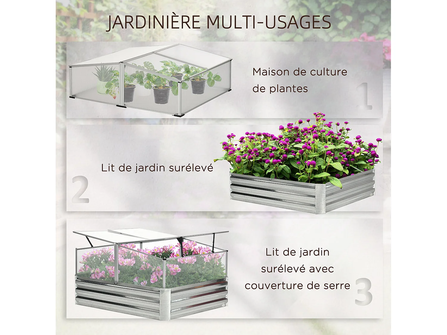 Mini serre de jardin carré potager 2 lucarnes dim. 126L x 107l x 67H cm alliage alu. acier galvanisé ondulé polycarbonate