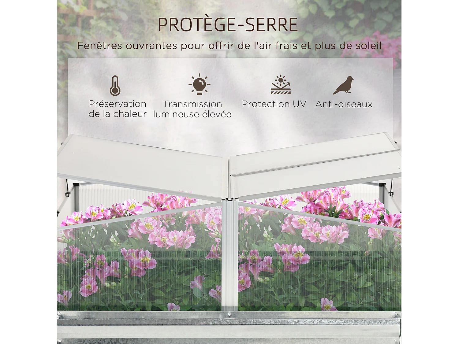 Mini serre de jardin carré potager 2 lucarnes dim. 126L x 107l x 67H cm alliage alu. acier galvanisé ondulé polycarbonate
