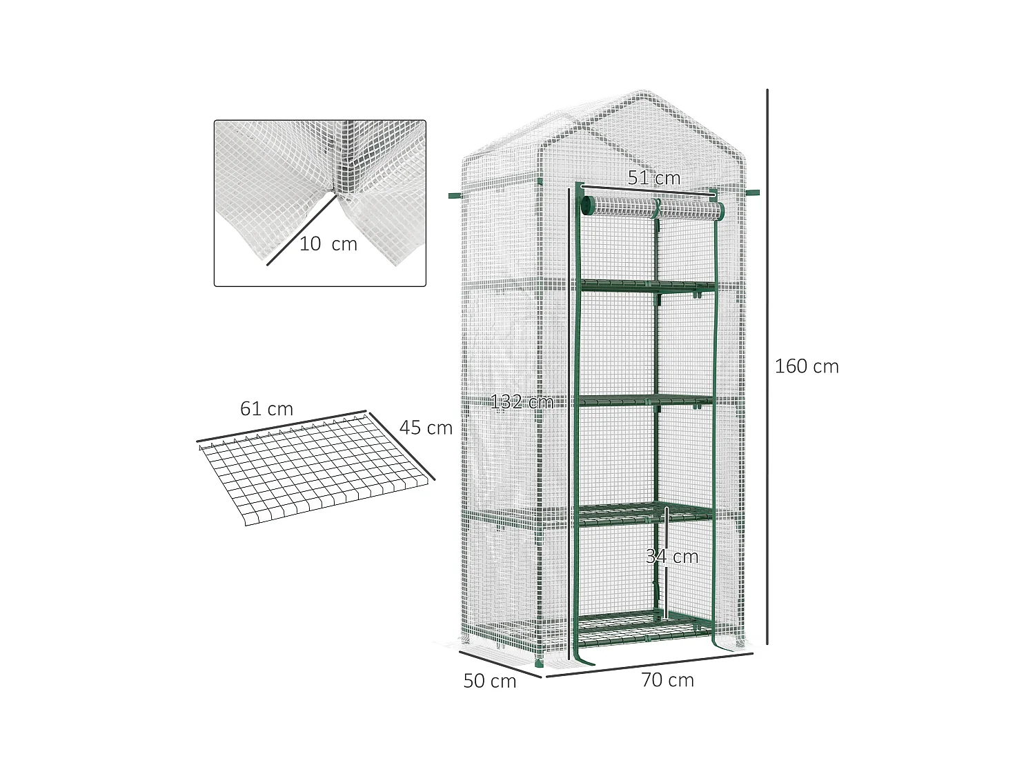 Serre de jardin balcon étagère serre 4 niveaux 0,7L x 0,5l x 1,6H m acier galvanisé bâche amovible PE haute densité blanc