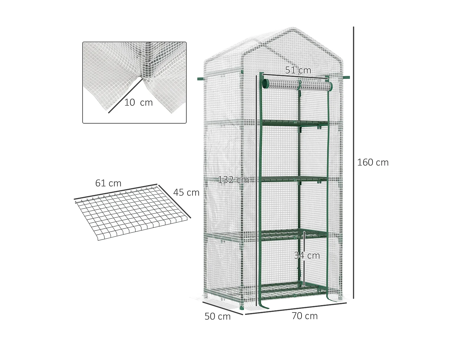 Serre de jardin balcon étagère serre 4 niveaux 0,7L x 0,5l x 1,6H m acier galvanisé bâche amovible PE haute densité blanc