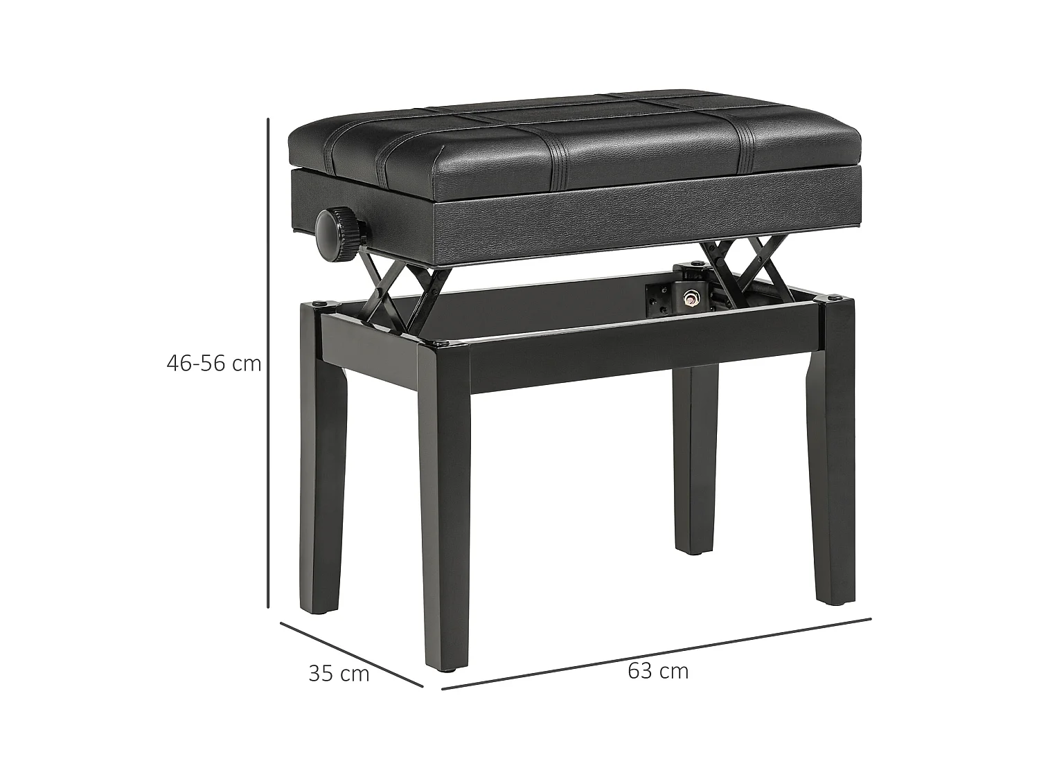 Banquette tabouret siège pour piano coffre intégré hauteur réglable bois hévéa assise revêtement synthétique noir