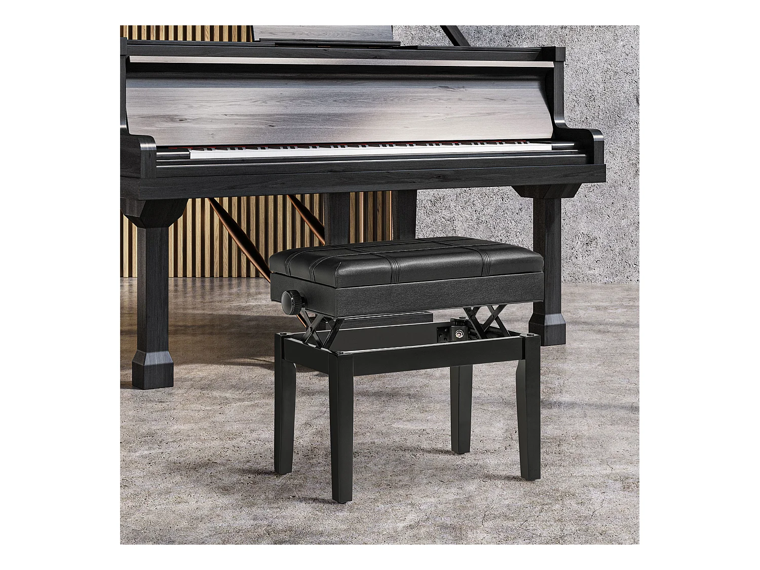 Banquette tabouret siège pour piano coffre intégré hauteur réglable bois hévéa assise revêtement synthétique noir