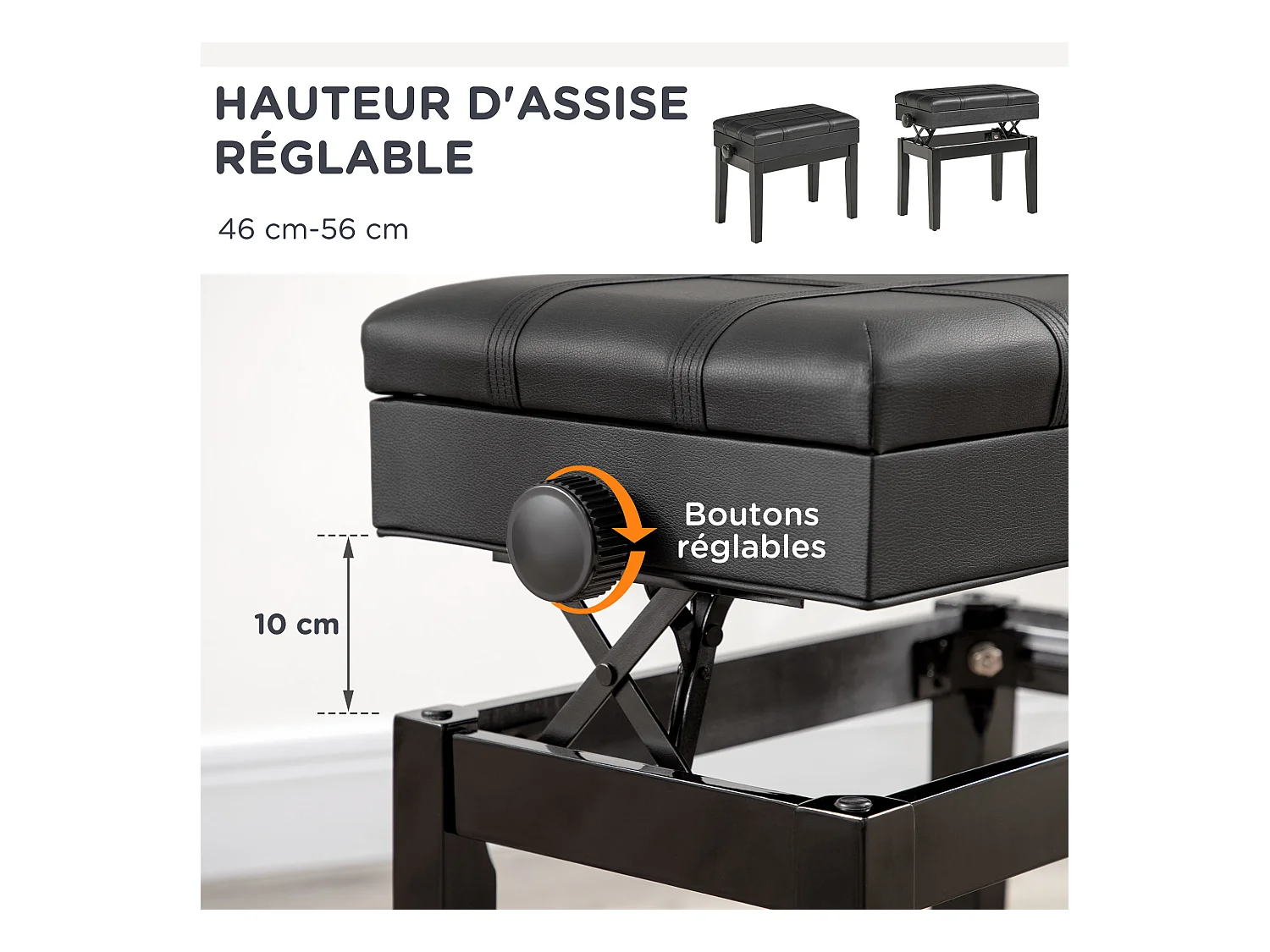 Banquette tabouret siège pour piano coffre intégré hauteur réglable bois hévéa assise revêtement synthétique noir