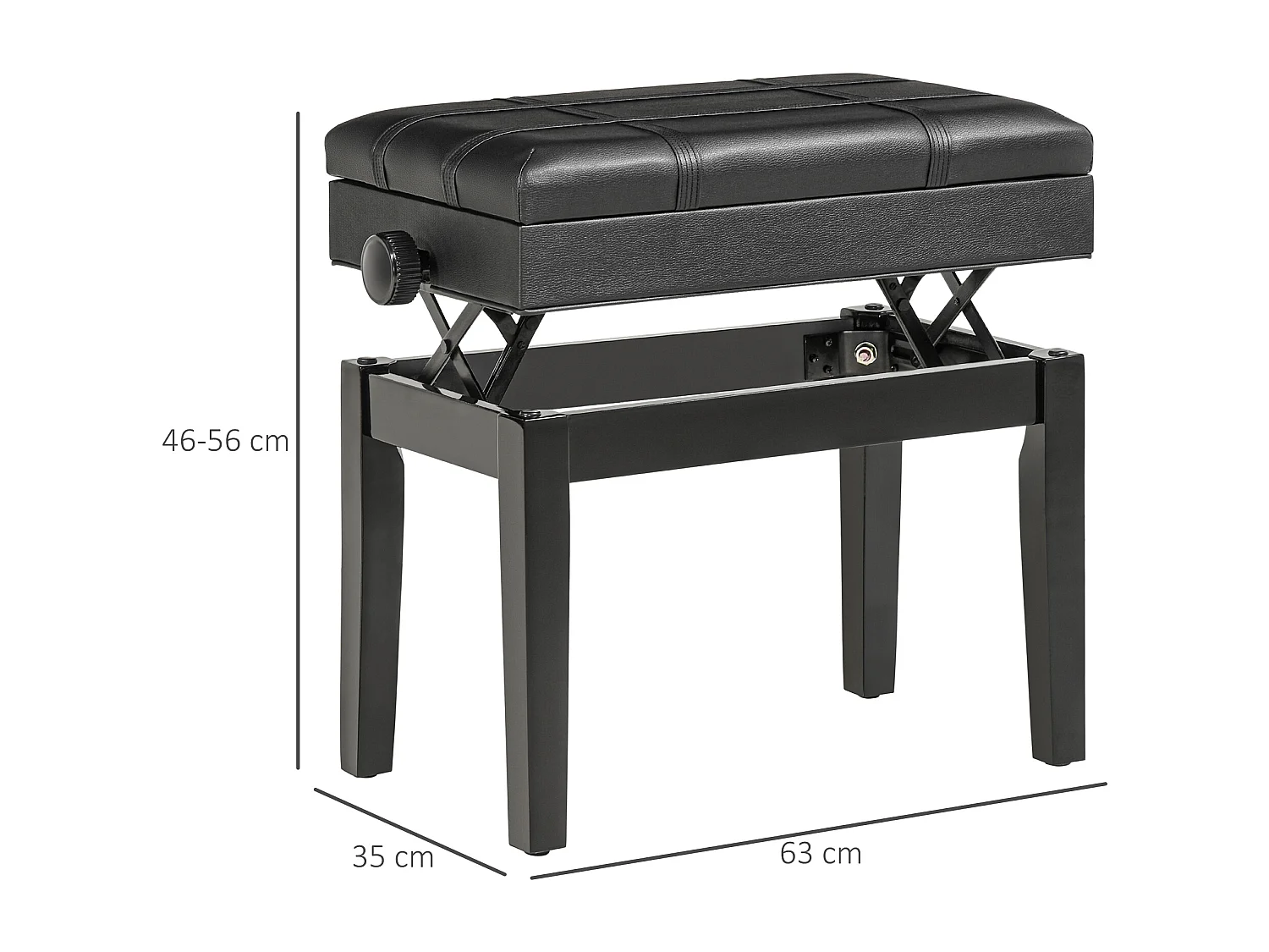 Banquette tabouret siège pour piano coffre intégré hauteur réglable bois hévéa assise revêtement synthétique noir