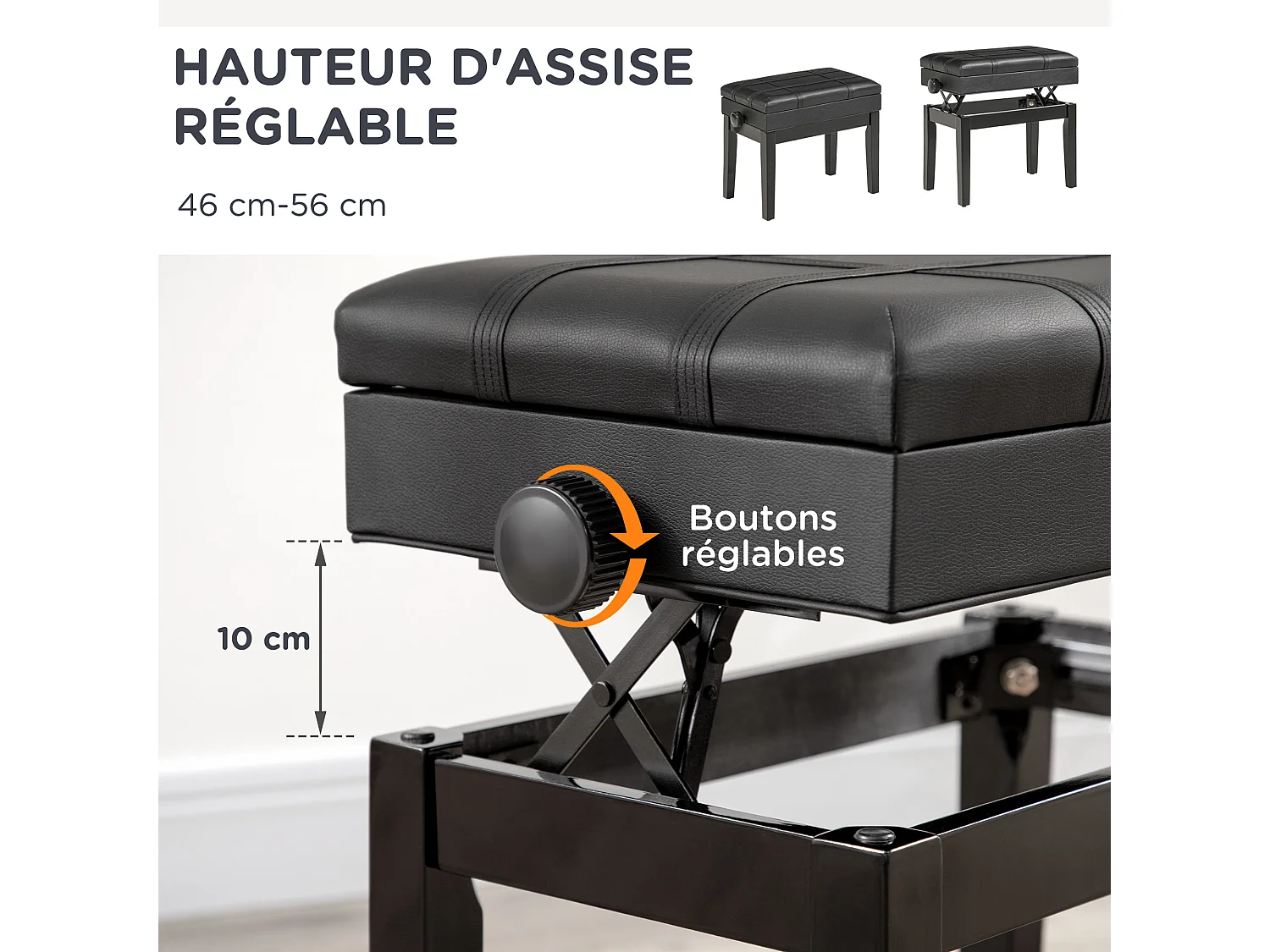 Banquette tabouret siège pour piano coffre intégré hauteur réglable bois hévéa assise revêtement synthétique noir