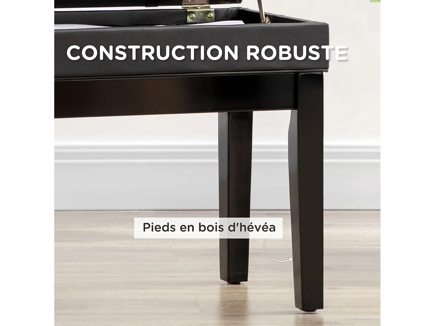 Banquette tabouret siège pour piano coffre intégré hauteur réglable bois hévéa assise revêtement synthétique noir