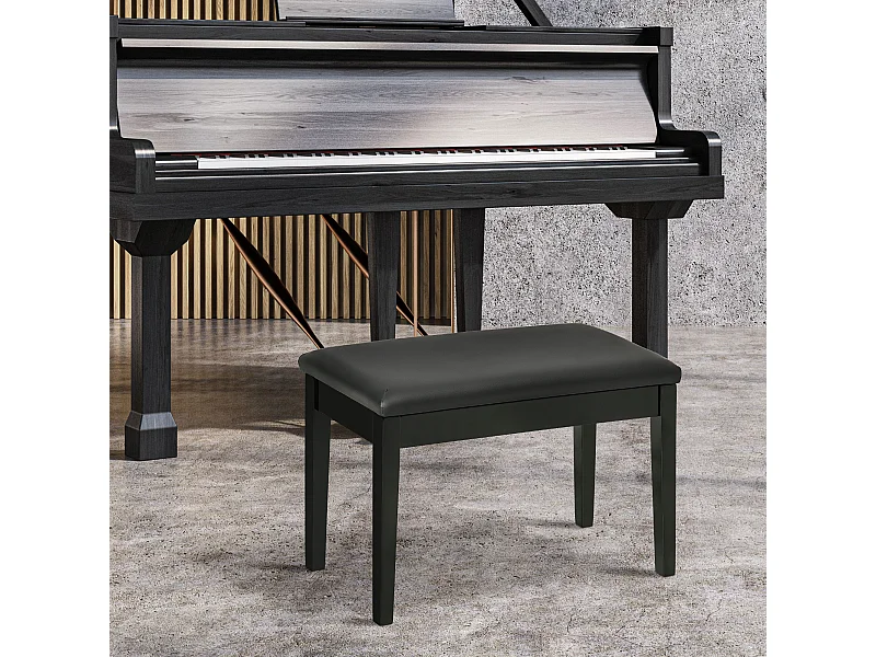 Banquette tabouret siège pour piano avec coffre de rangement pied bois hévéa revêtement synthétique noir
