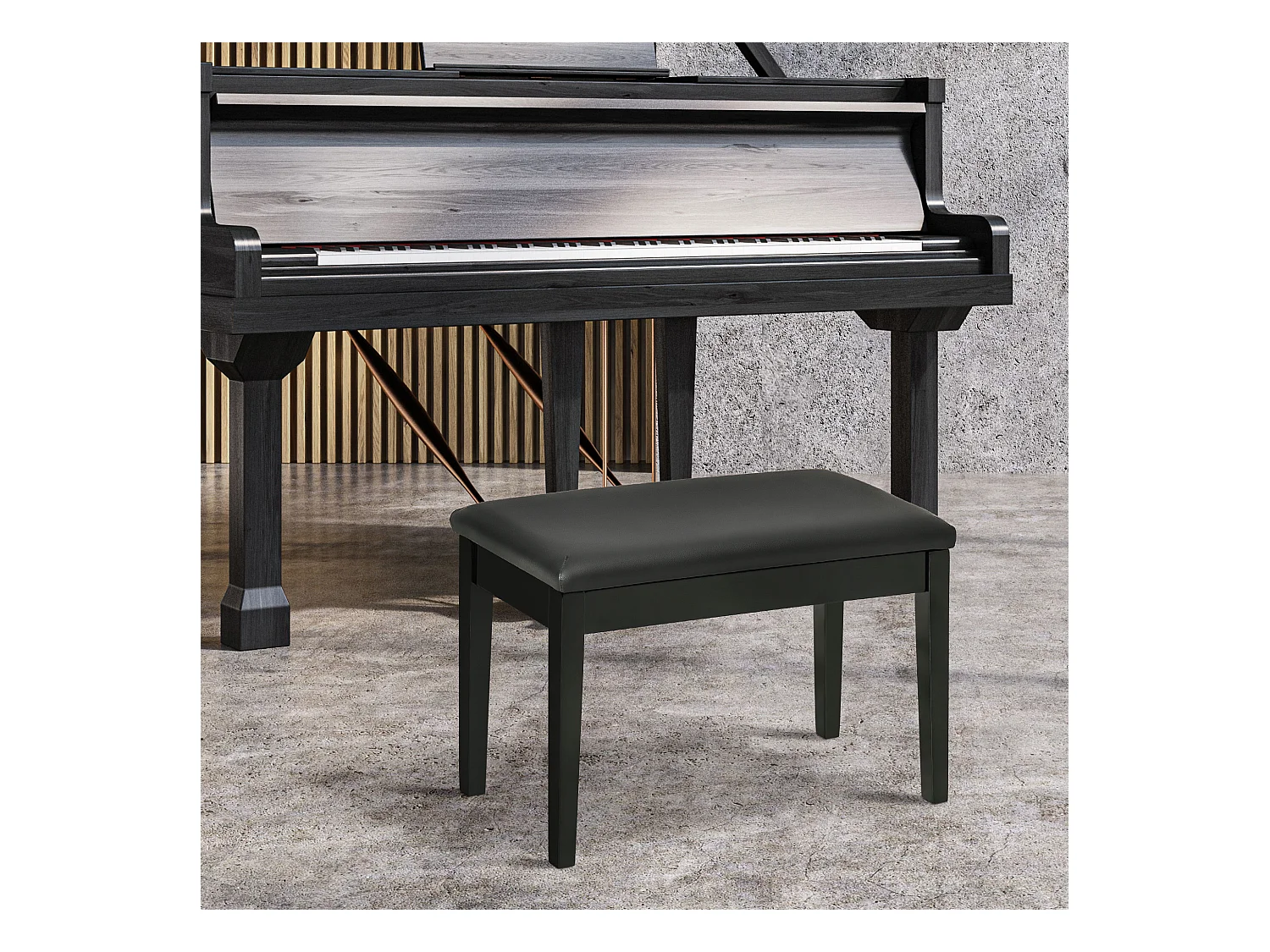 Banquette tabouret siège pour piano avec coffre de rangement pied bois hévéa revêtement synthétique noir