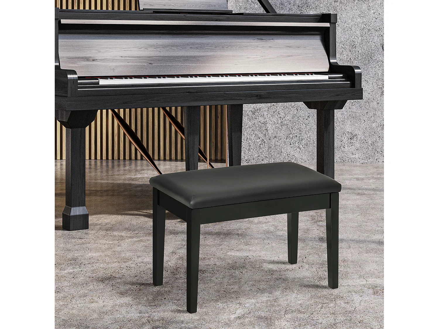 Banquette tabouret siège pour piano avec coffre de rangement pied bois hévéa revêtement synthétique noir