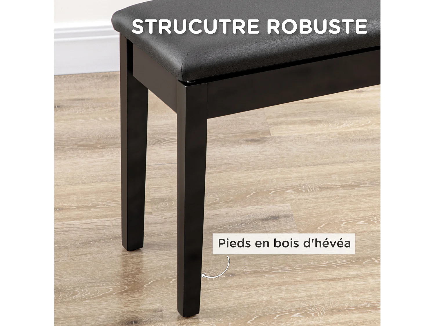 Banquette tabouret siège pour piano avec coffre de rangement pied bois hévéa revêtement synthétique noir