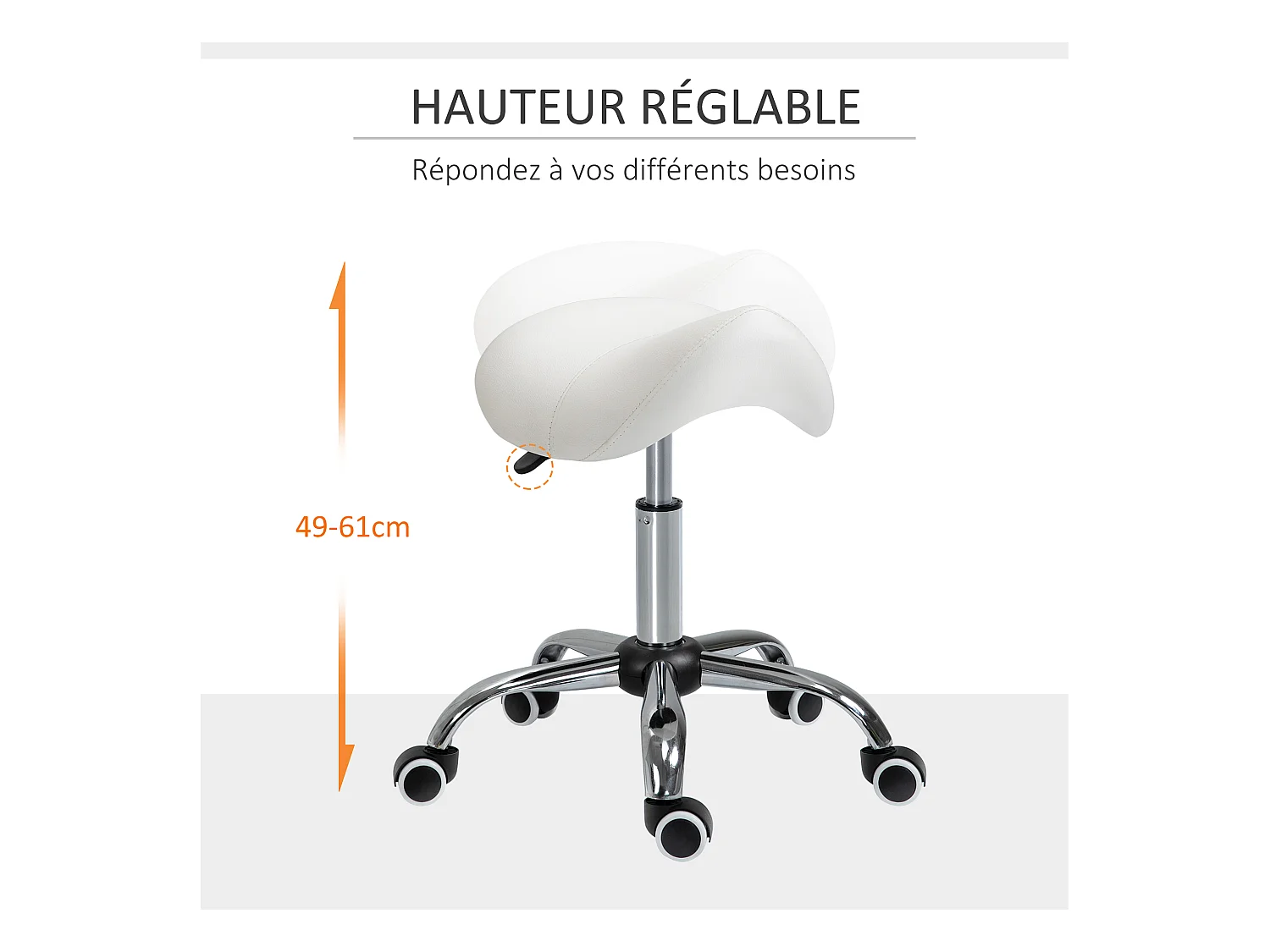 HOMCOM Tabouret de massage tabouret selle ergonomique pivotant 360° hauteur réglable revêtement synthétique blanc chromé