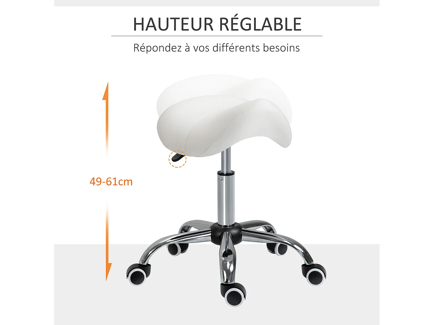 HOMCOM Tabouret de massage tabouret selle ergonomique pivotant 360° hauteur réglable revêtement synthétique blanc chromé