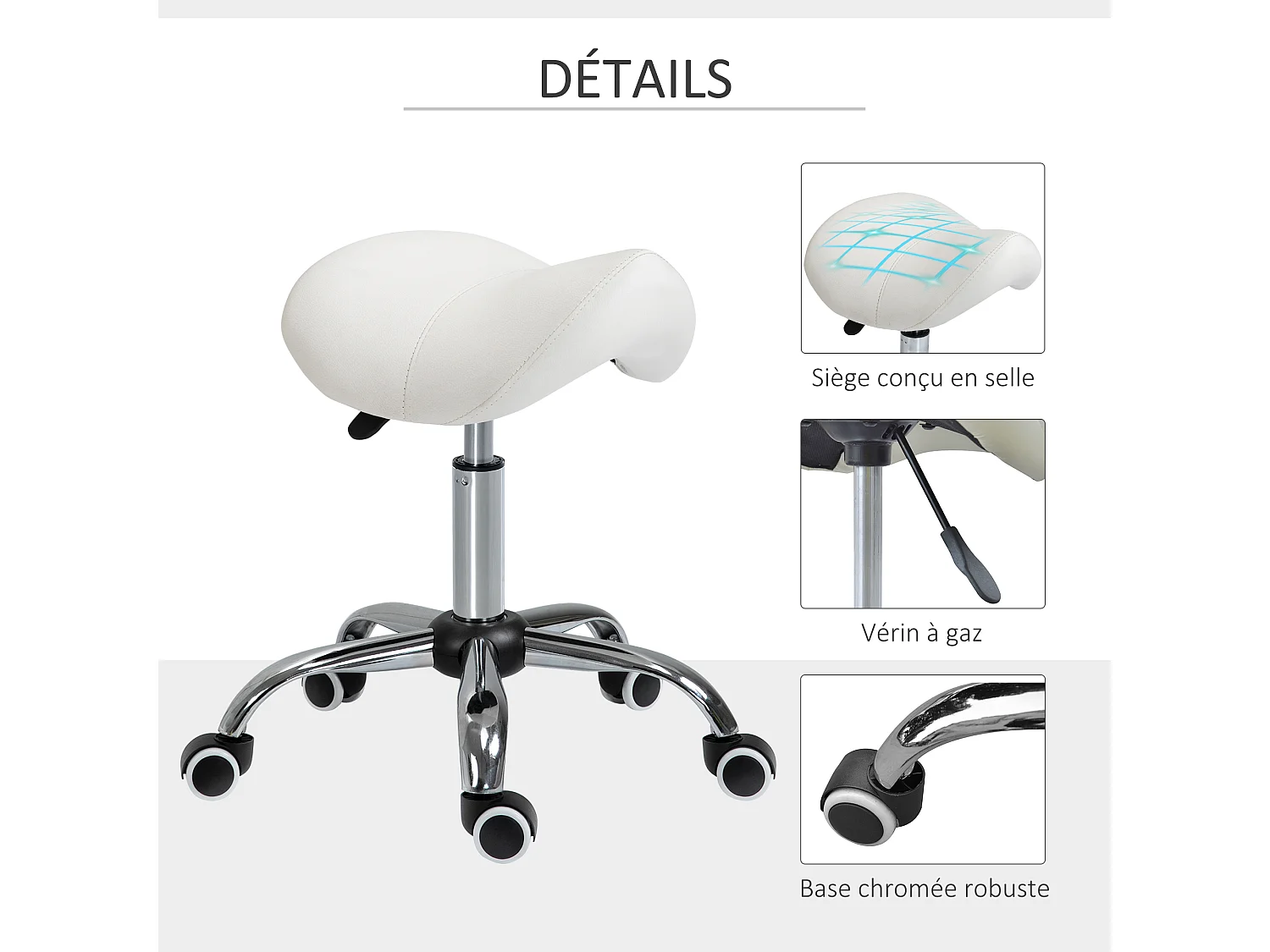 HOMCOM Tabouret de massage tabouret selle ergonomique pivotant 360° hauteur réglable revêtement synthétique blanc chromé