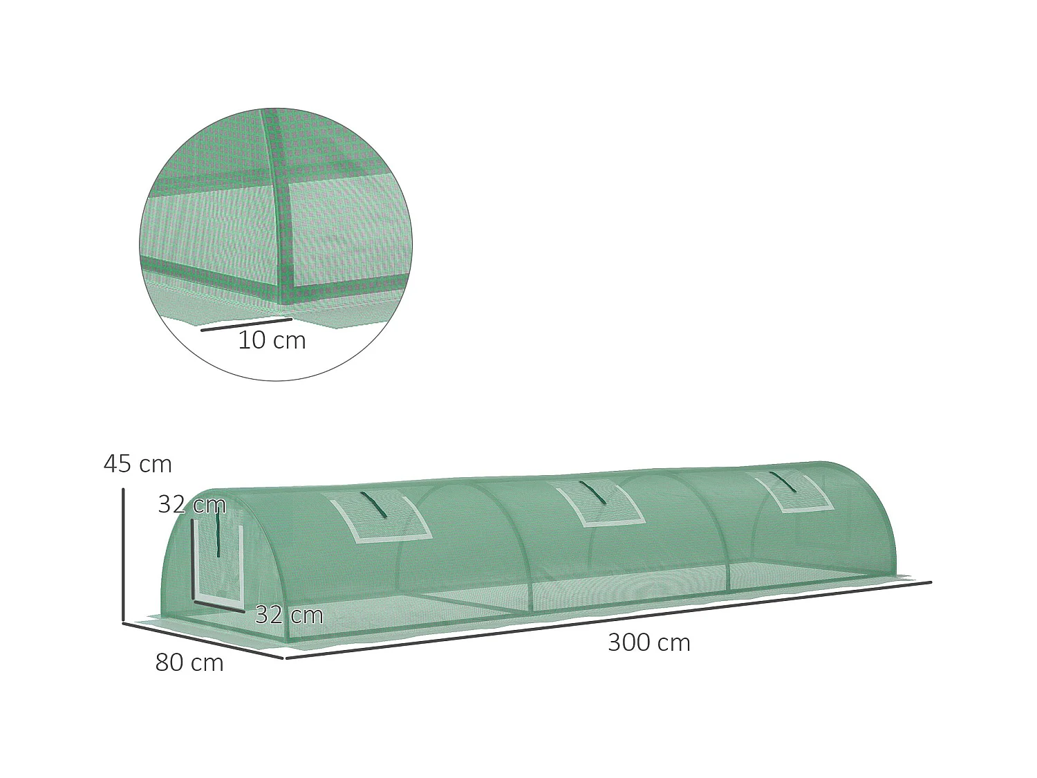 Mini serre de jardin serre à tomates dim. 300L x 80l x 45H cm acier PE 5 fenêtres zippées enroulables vert