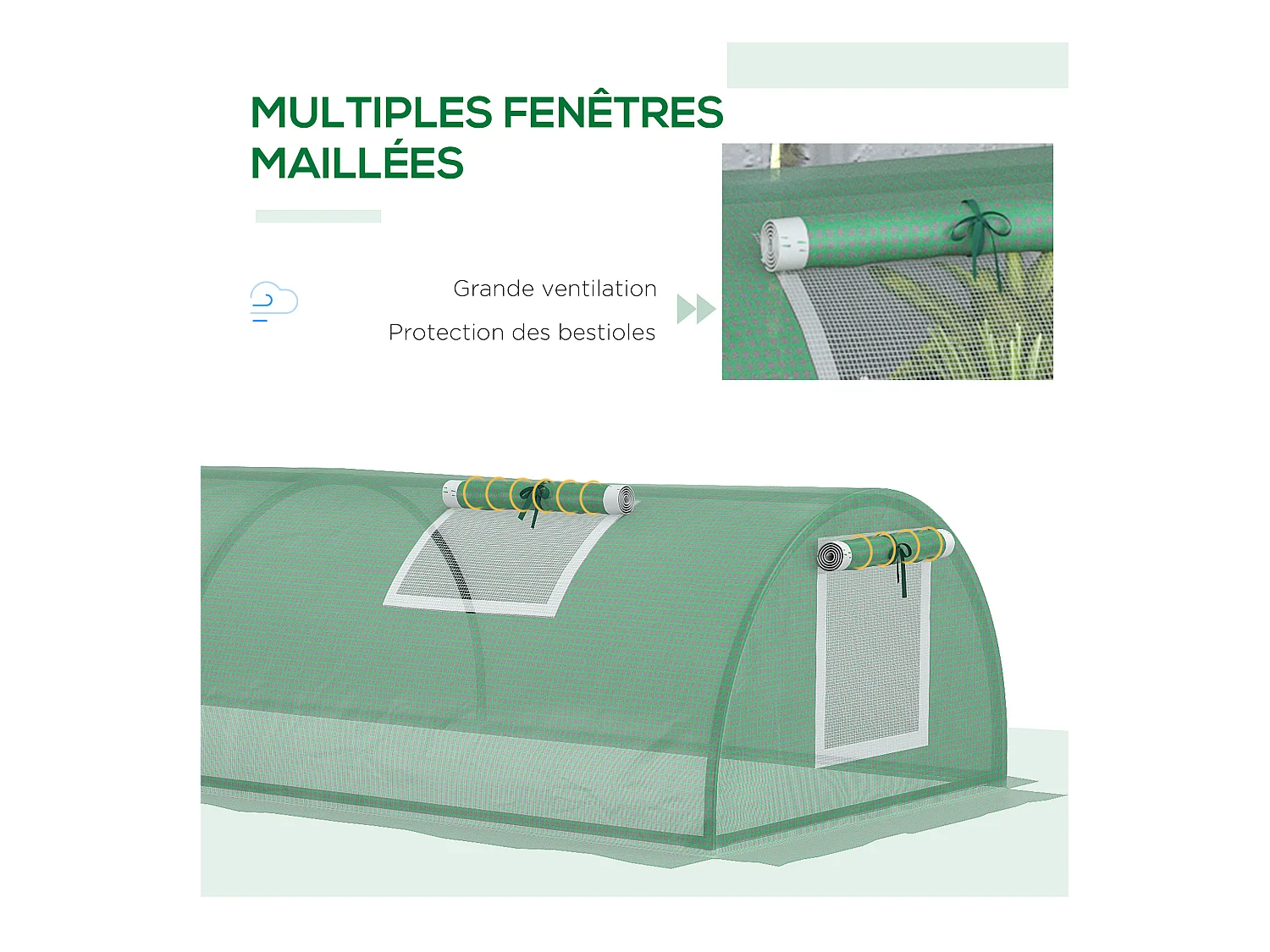 Mini serre de jardin serre à tomates dim. 300L x 80l x 45H cm acier PE 5 fenêtres zippées enroulables vert