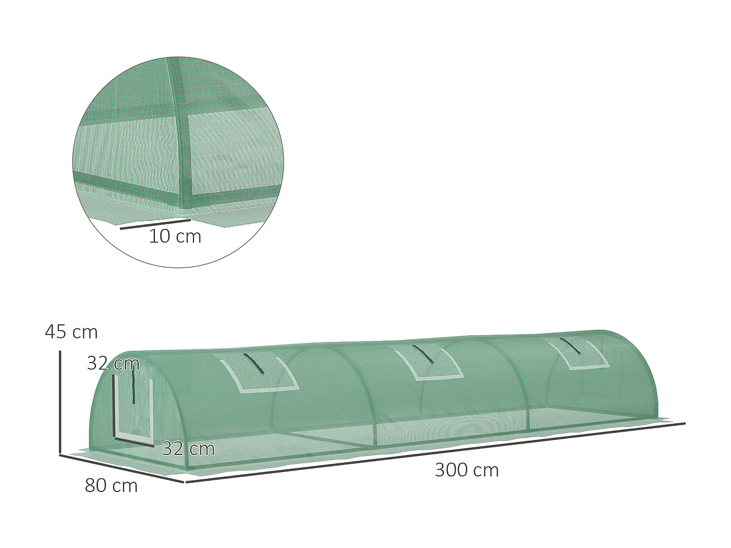 Mini serre de jardin serre à tomates dim. 300L x 80l x 45H cm acier PE 5 fenêtres zippées enroulables vert