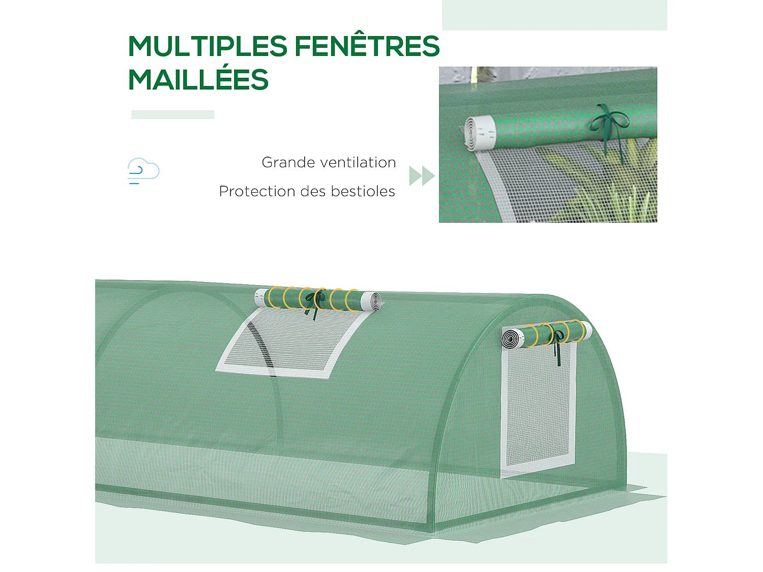 Mini serre de jardin serre à tomates dim. 300L x 80l x 45H cm acier PE 5 fenêtres zippées enroulables vert
