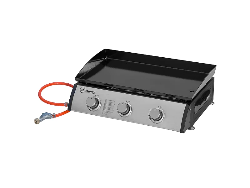 Plancha gaz de table portable réglable - 3 brûleurs 9 kW - barbecue gaz camping - plaque de cuisson, réceptacle graisse - acier noir métal