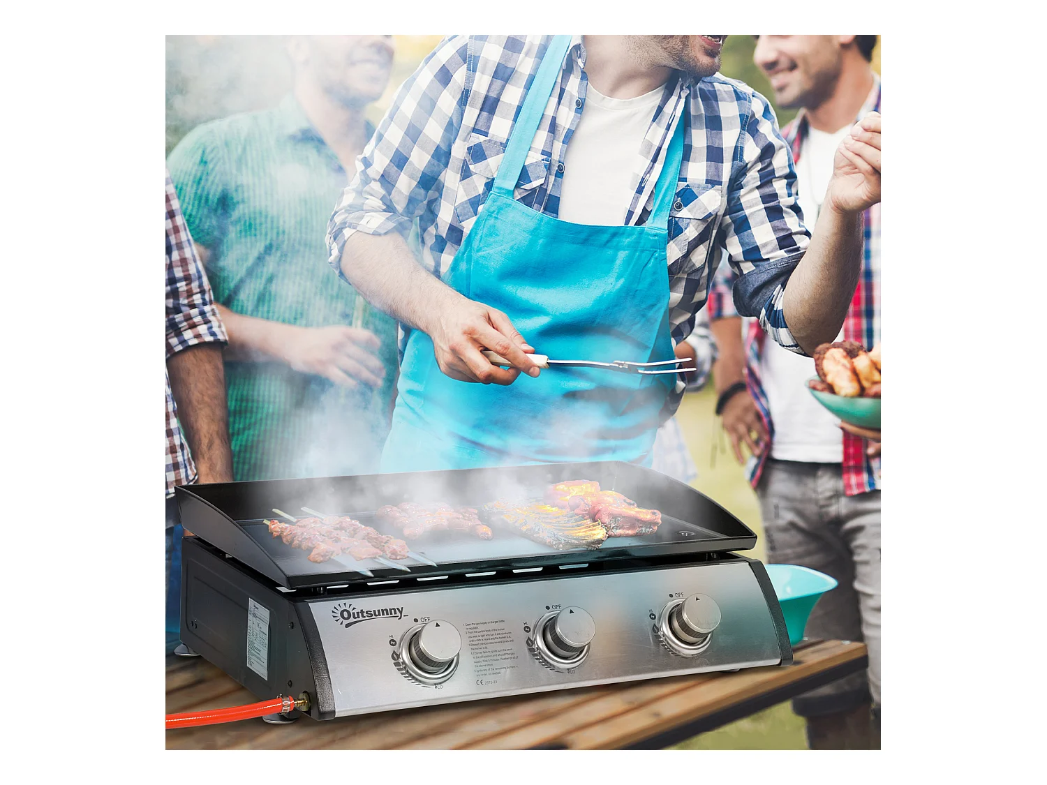 Plancha gaz de table portable réglable - 3 brûleurs 9 kW - barbecue gaz camping - plaque de cuisson, réceptacle graisse - acier noir métal