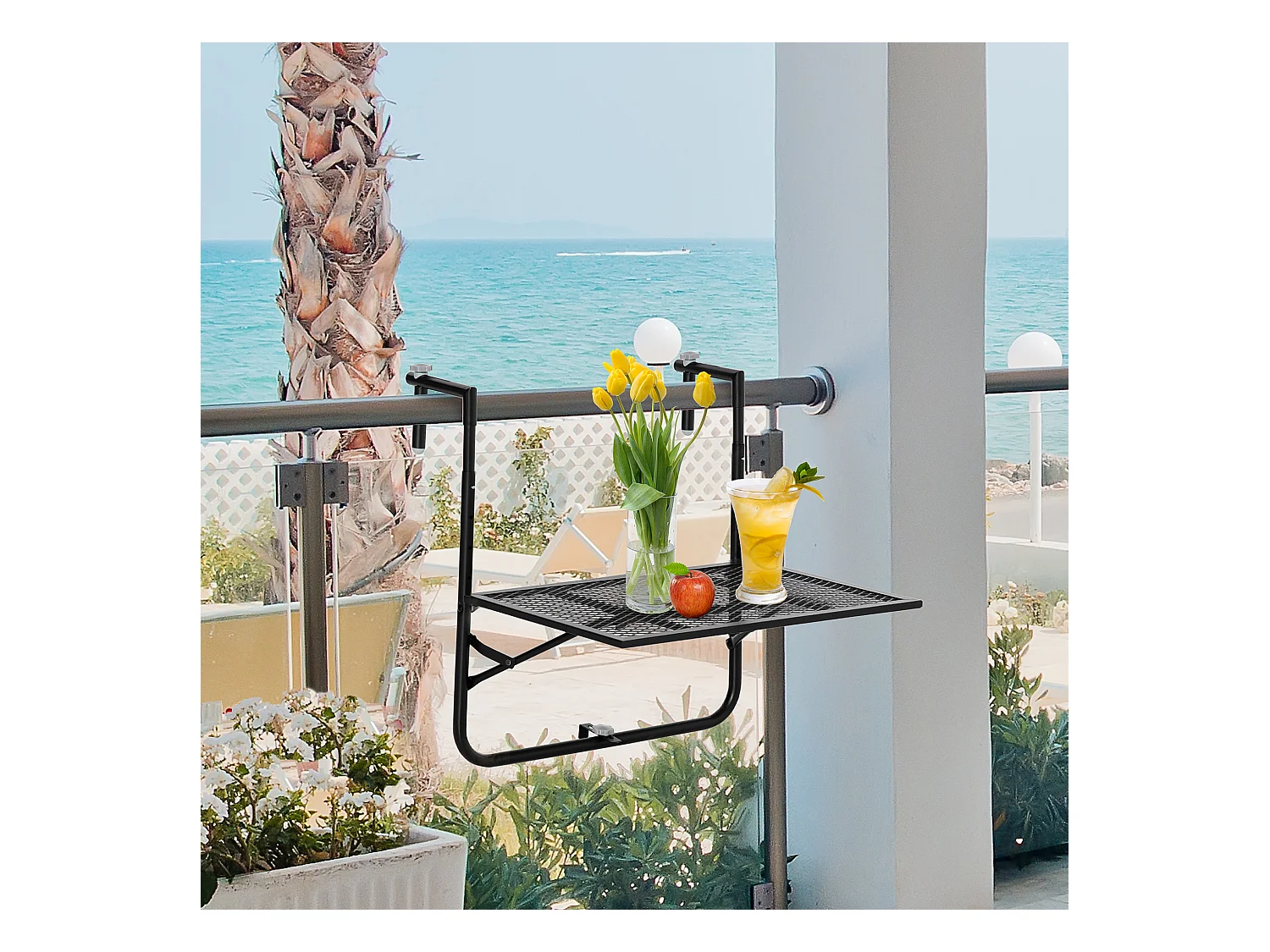 Table suspendue de balcon pliable dim. plateau 60L x 40l cm hauteur réglable 57-72H cm métal époxy noir