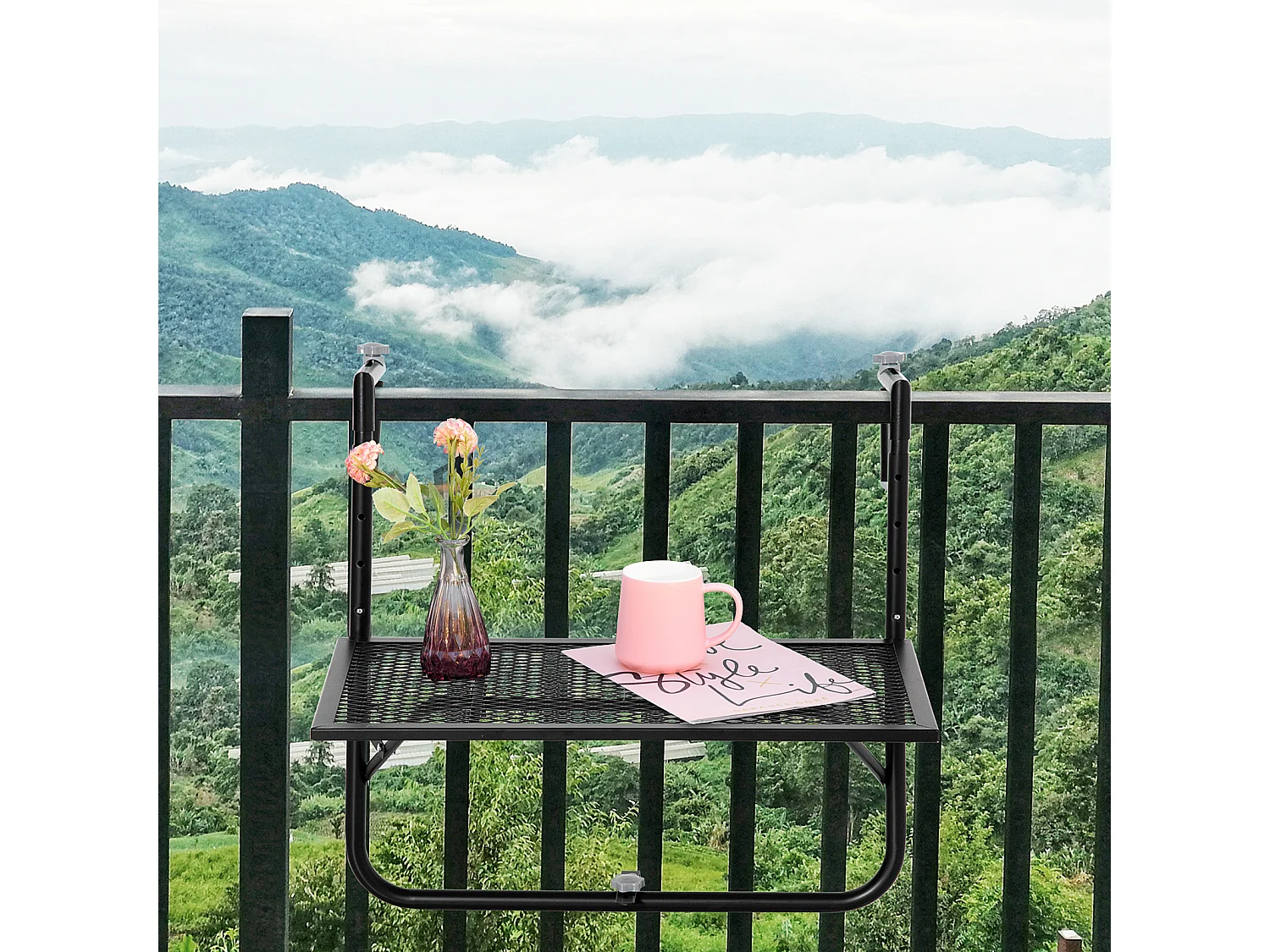 Table suspendue de balcon pliable dim. plateau 60L x 40l cm hauteur réglable 57-72H cm métal époxy noir