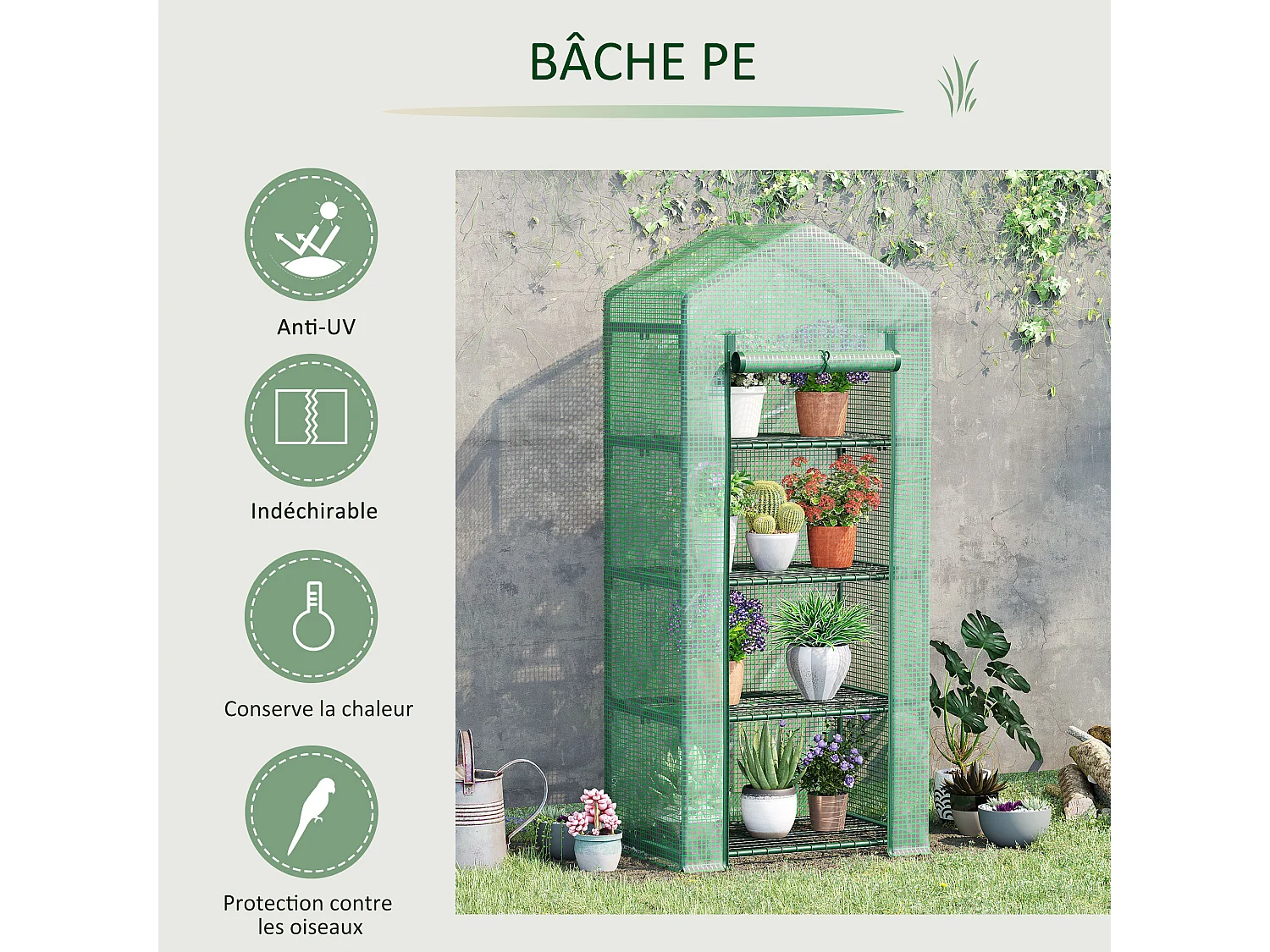 Serre de jardin balcon étagère serre 4 niveaux 0,7L x 0,5l x 1,6H m acier galvanisé bâche amovible PE haute densité vert