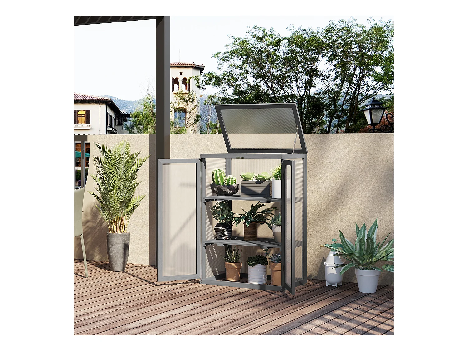 Mini serre de jardin 3 niveaux dim. 76L x 47l x 110H cm double porte toit ouvrant bois sapin lasuré gris polycarbonate