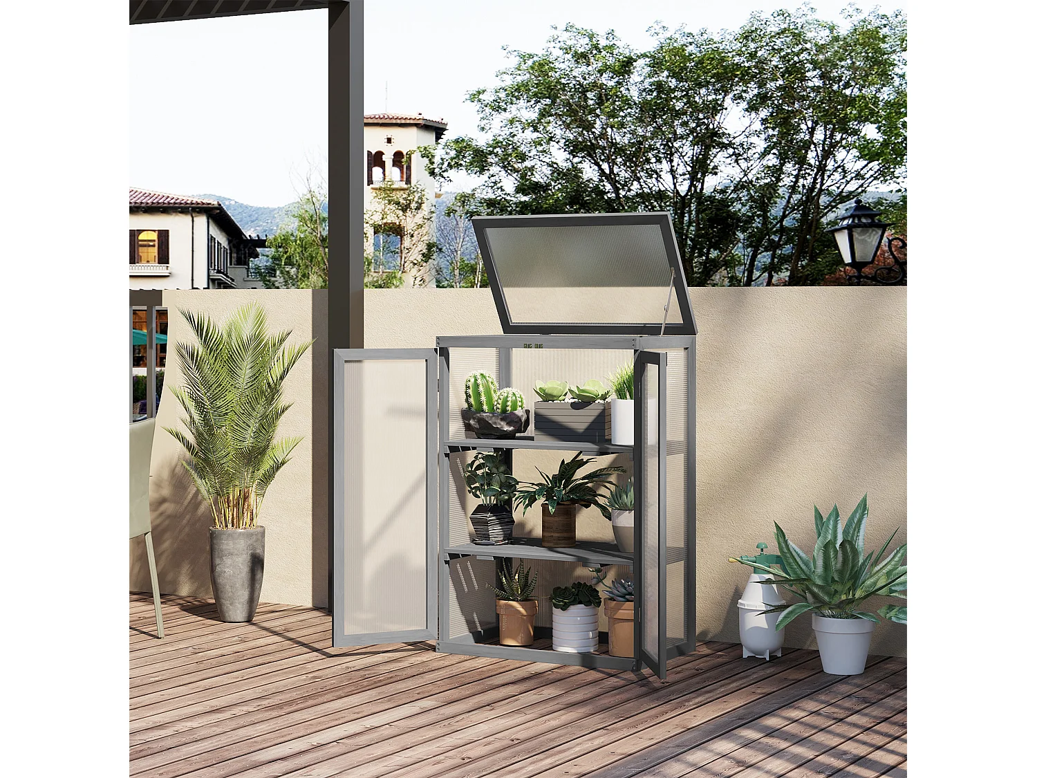 Mini serre de jardin 3 niveaux dim. 76L x 47l x 110H cm double porte toit ouvrant bois sapin lasuré gris polycarbonate