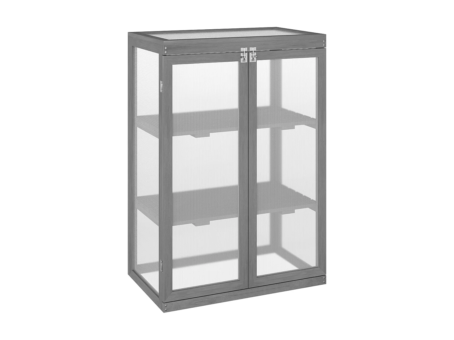 Mini serre de jardin 3 niveaux dim. 76L x 47l x 110H cm double porte toit ouvrant bois sapin lasuré gris polycarbonate