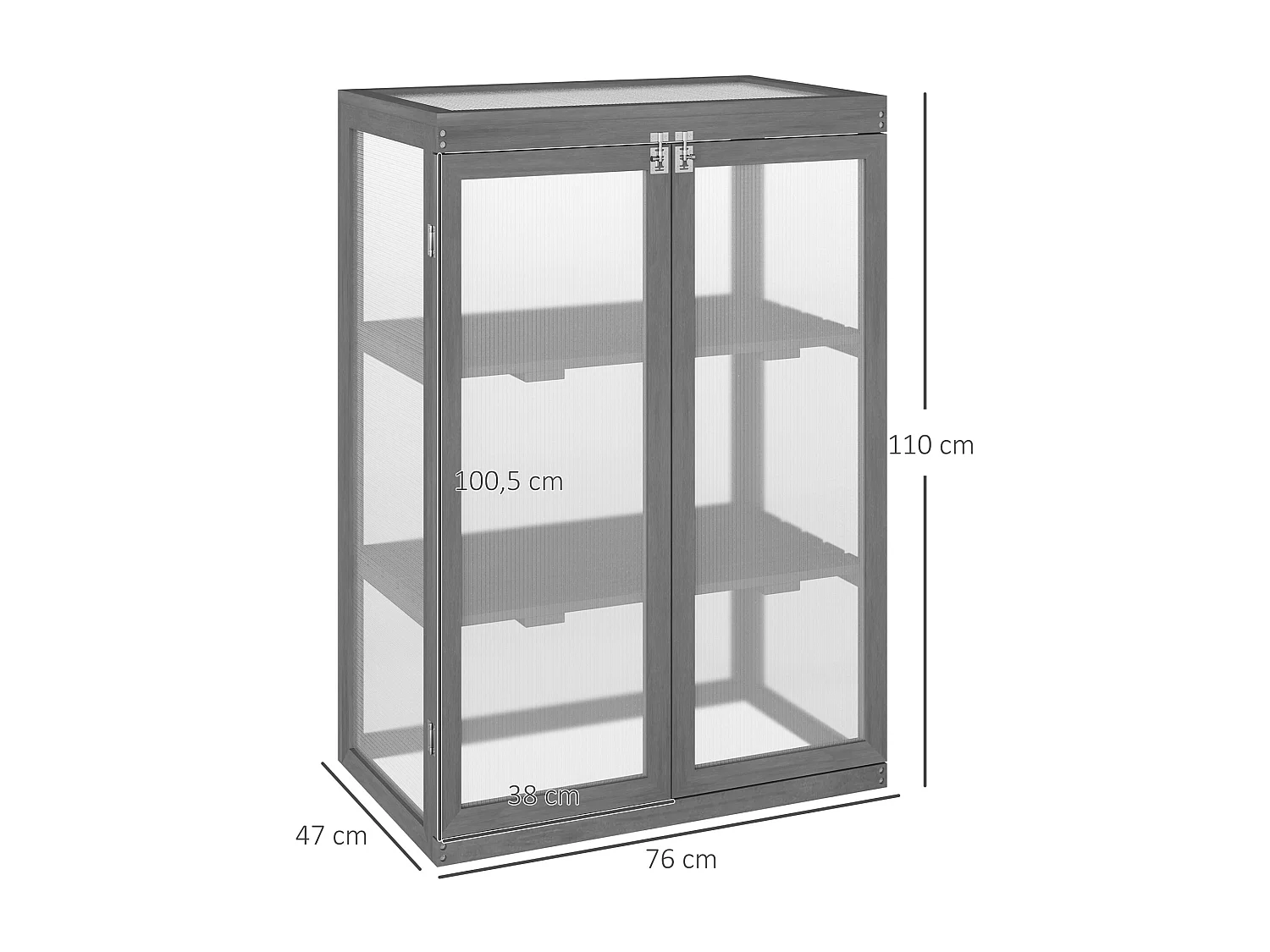 Mini serre de jardin 3 niveaux dim. 76L x 47l x 110H cm double porte toit ouvrant bois sapin lasuré gris polycarbonate
