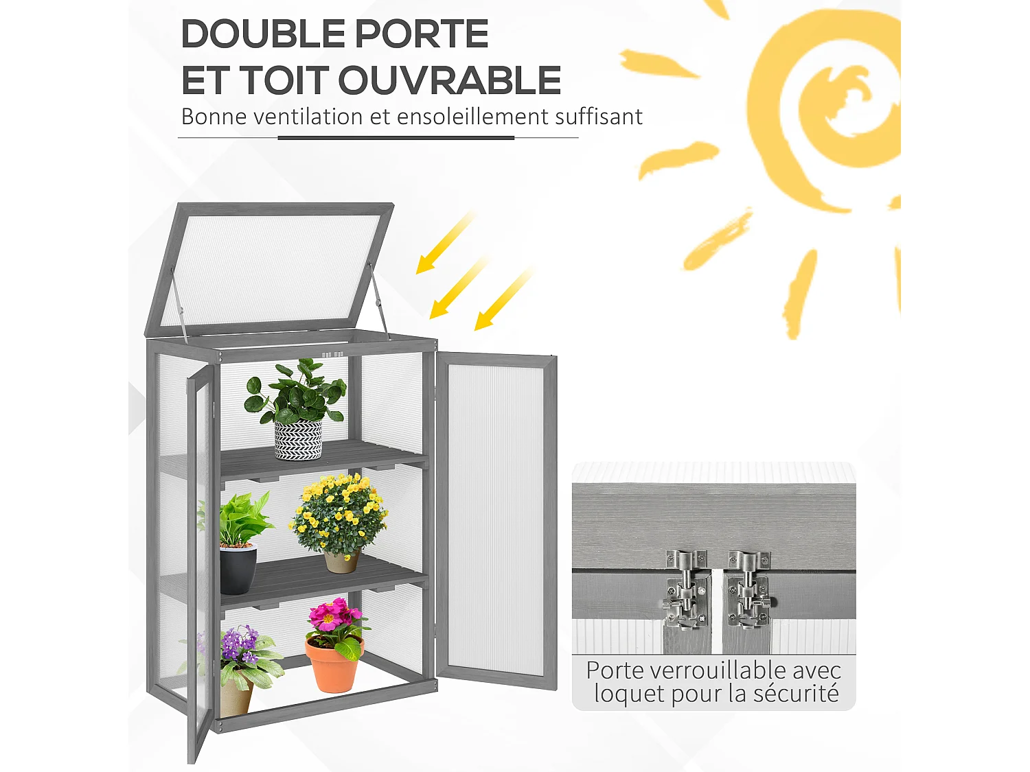 Mini serre de jardin 3 niveaux dim. 76L x 47l x 110H cm double porte toit ouvrant bois sapin lasuré gris polycarbonate