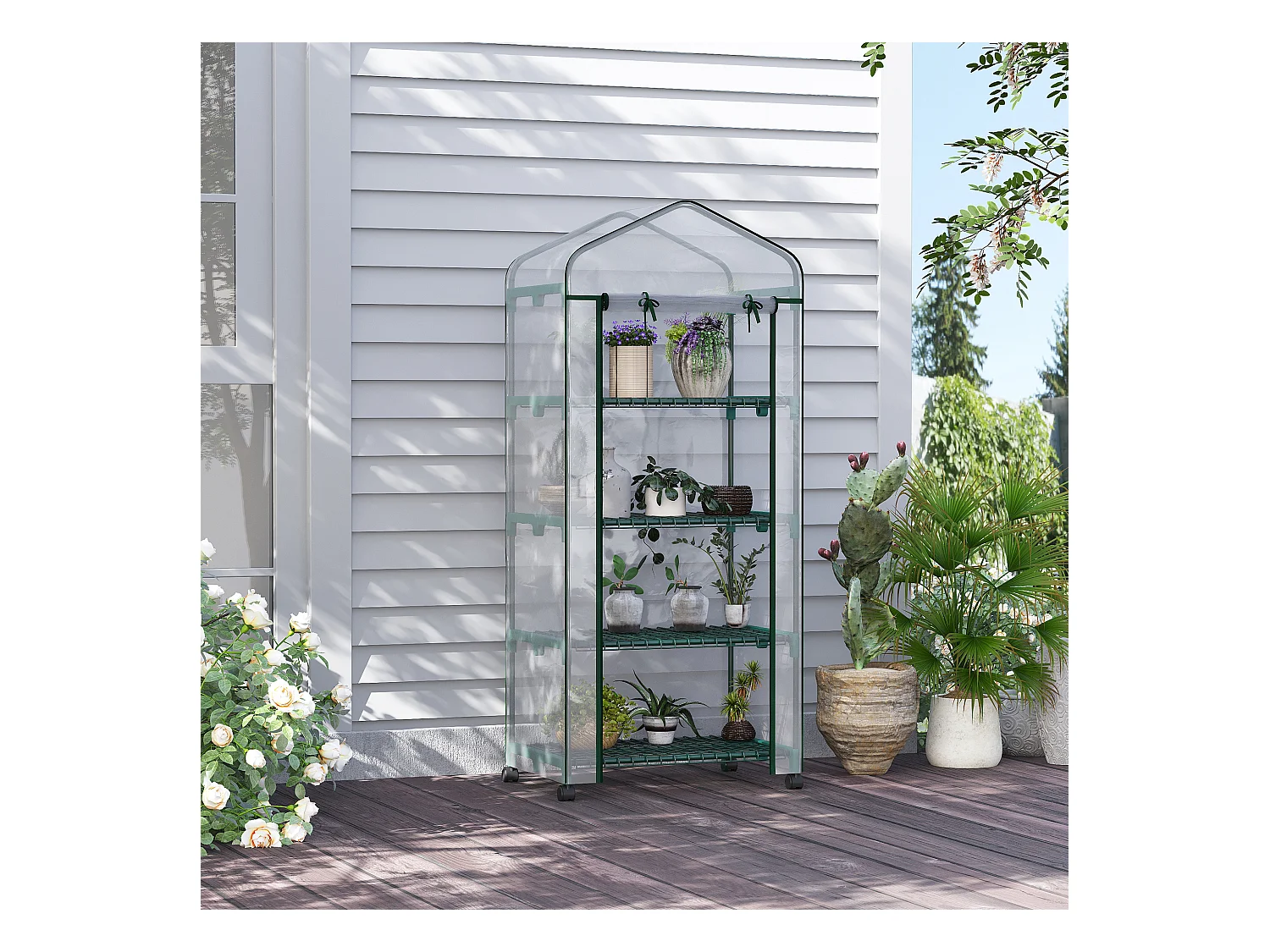 Serre de jardin balcon sur roulettes 4 étagères dim. 0,69L x 0,5l x 1,65H m acier thermolaqué bâche PVC porte zippée transparente