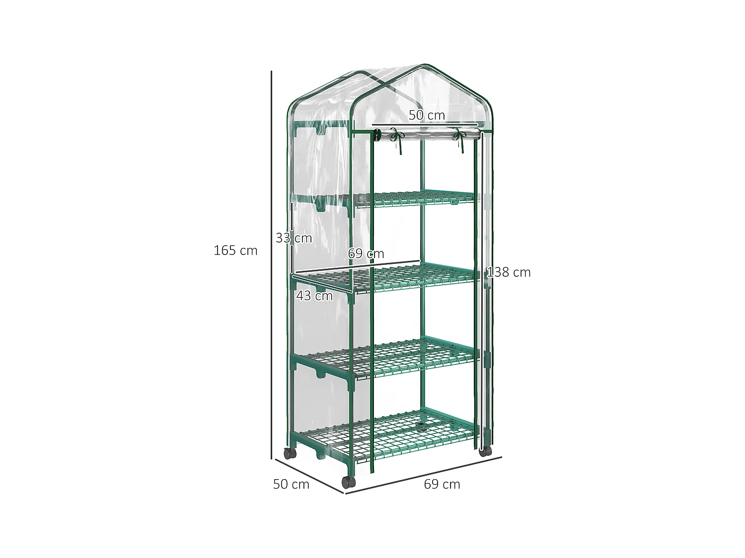 Serre de jardin balcon sur roulettes 4 étagères dim. 0,69L x 0,5l x 1,65H m acier thermolaqué bâche PVC porte zippée transparente