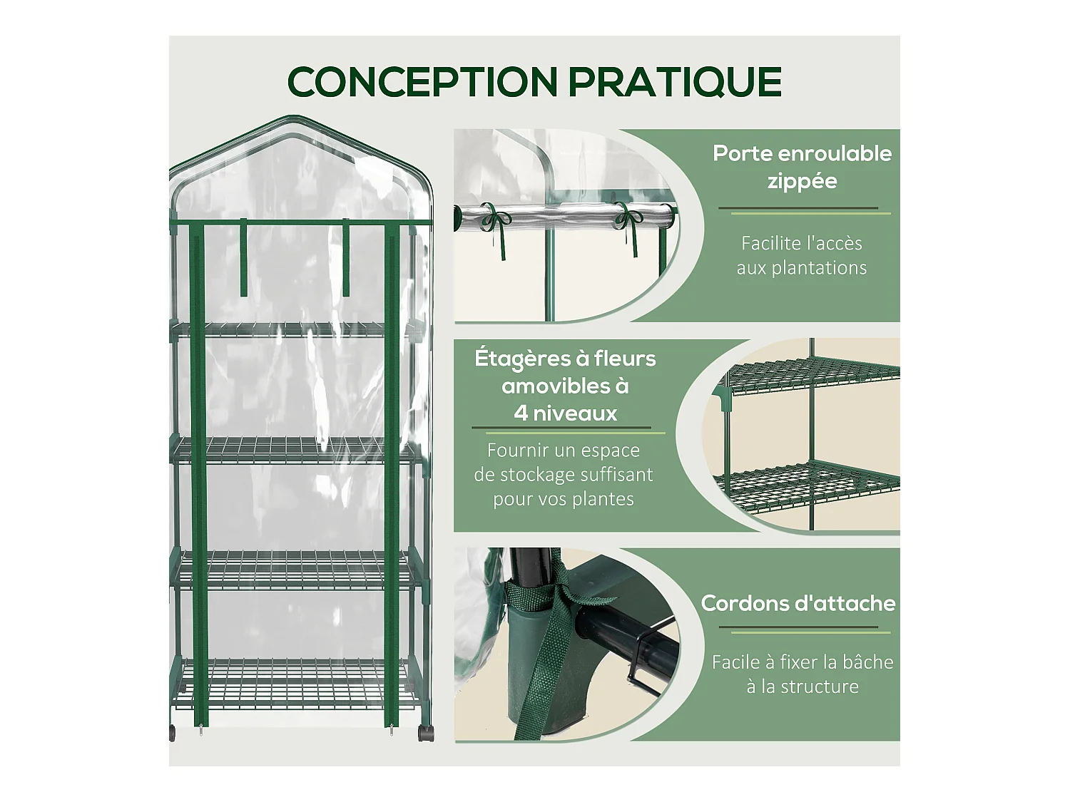 Serre de jardin balcon sur roulettes 4 étagères dim. 0,69L x 0,5l x 1,65H m acier thermolaqué bâche PVC porte zippée transparente