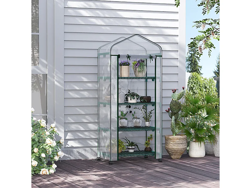 Serre de jardin balcon sur roulettes 4 étagères dim. 0,69L x 0,5l x 1,65H m acier thermolaqué bâche PVC porte zippée transparente