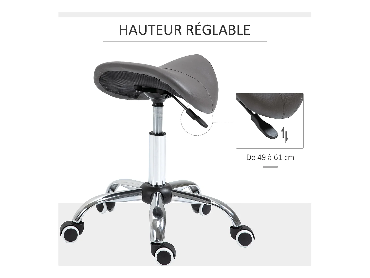 Tabouret de massage tabouret selle ergonomique pivotant 360° hauteur réglable revêtement synthétique gris chromé