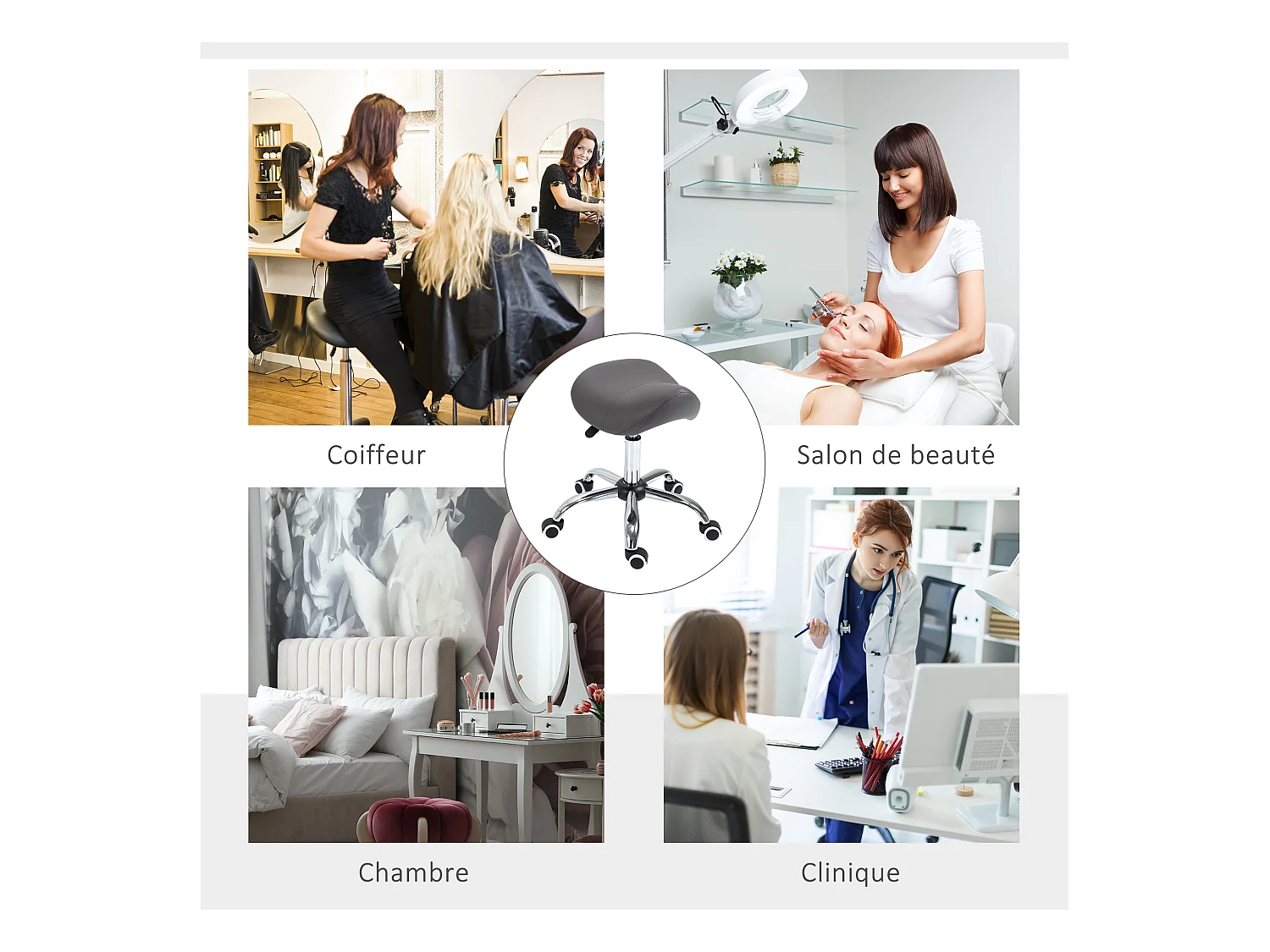 Tabouret de massage tabouret selle ergonomique pivotant 360° hauteur réglable revêtement synthétique gris chromé