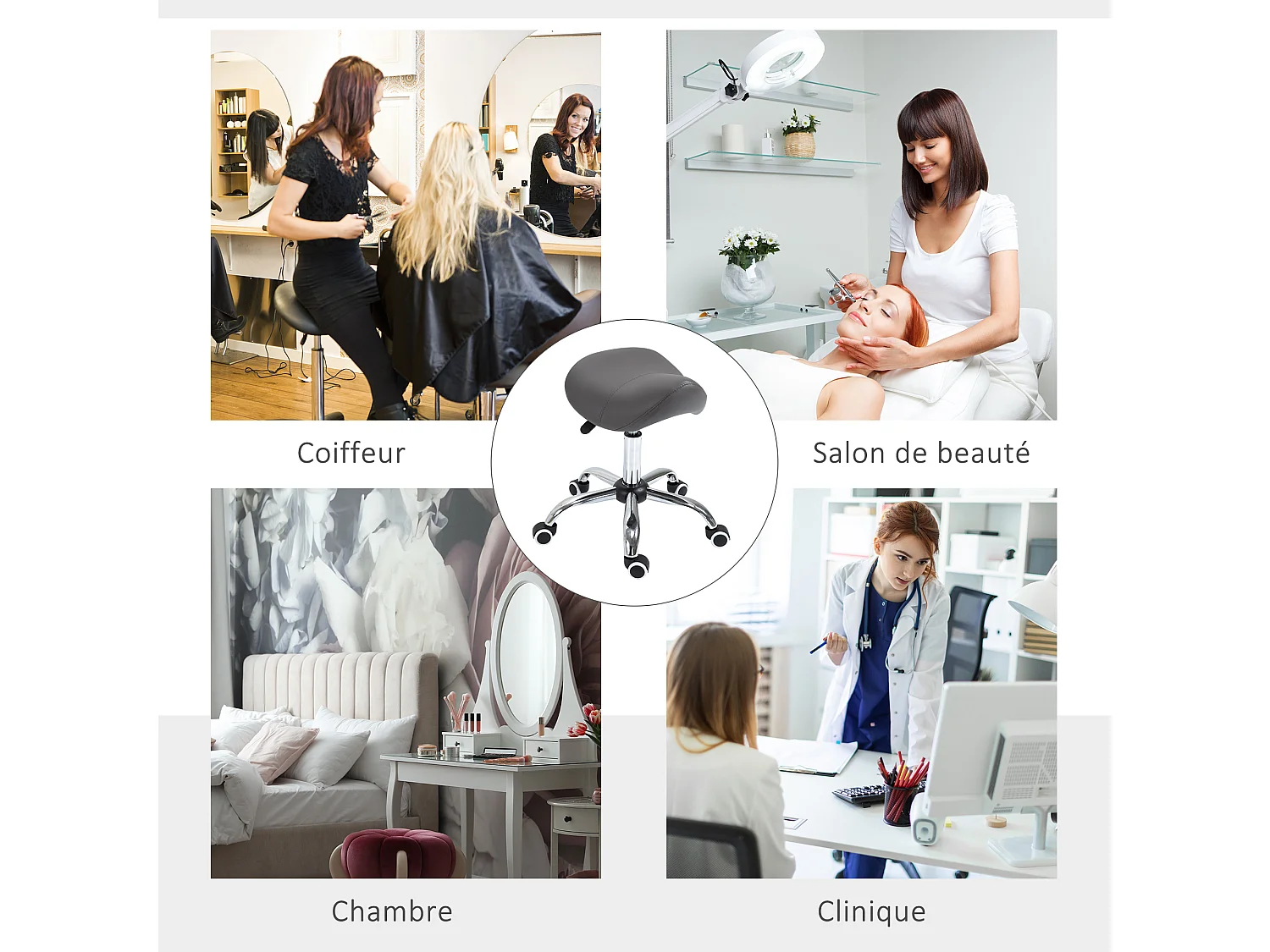 Tabouret de massage tabouret selle ergonomique pivotant 360° hauteur réglable revêtement synthétique gris chromé