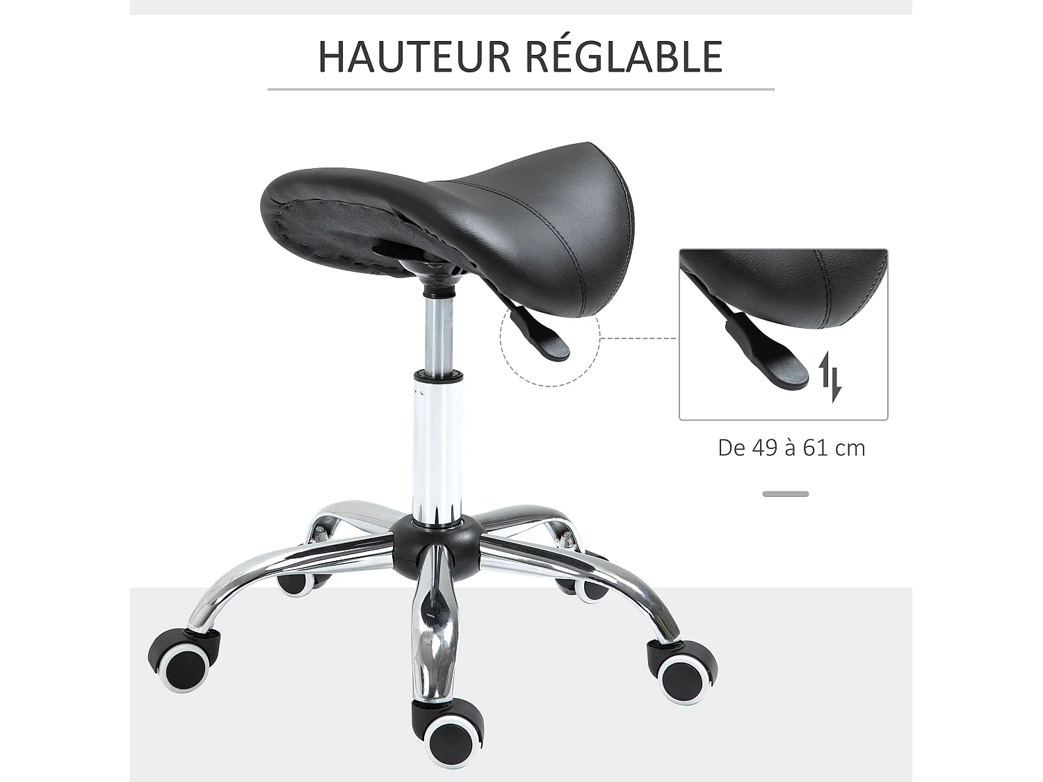 Tabouret de massage tabouret selle ergonomique pivotant 360° hauteur réglable revêtement synthétique noir chromé